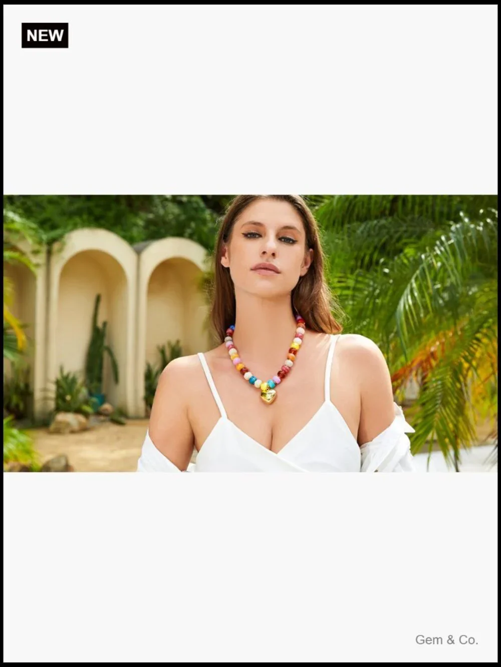 Chunky Beaded Necklace with Gold Heart Pendant Statement Jewelry